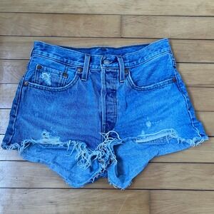 Levis 501 Original Distressed Denim Cut Off Shorts Medium Wash Blue W26